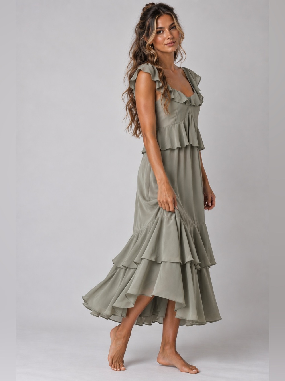 Show Me Your MuMu Paulina Peplum Olive Green Ruffle High-Low Maxi Dress Sz Large